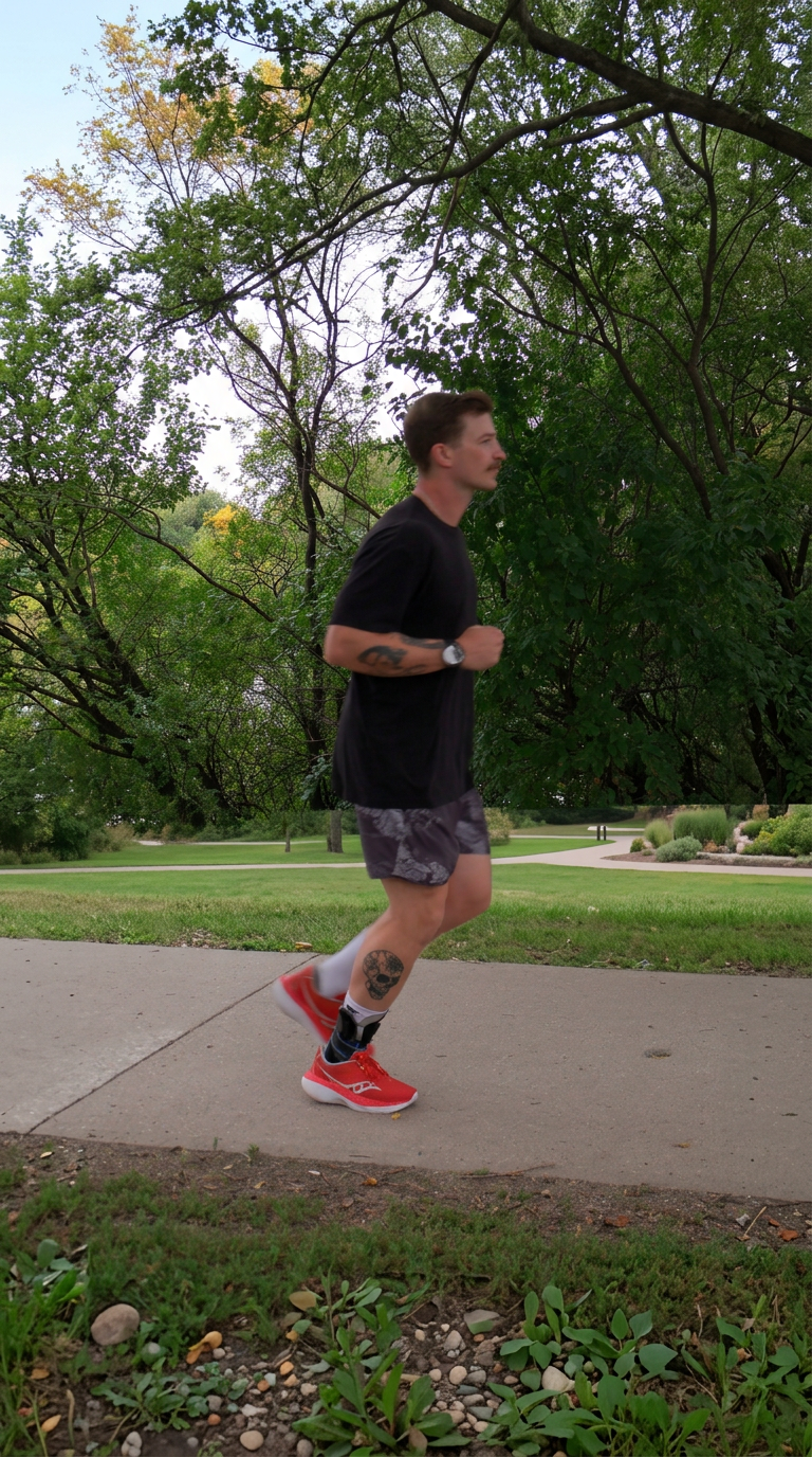 Athlete running through the park in his custom SD Medical ankle brace